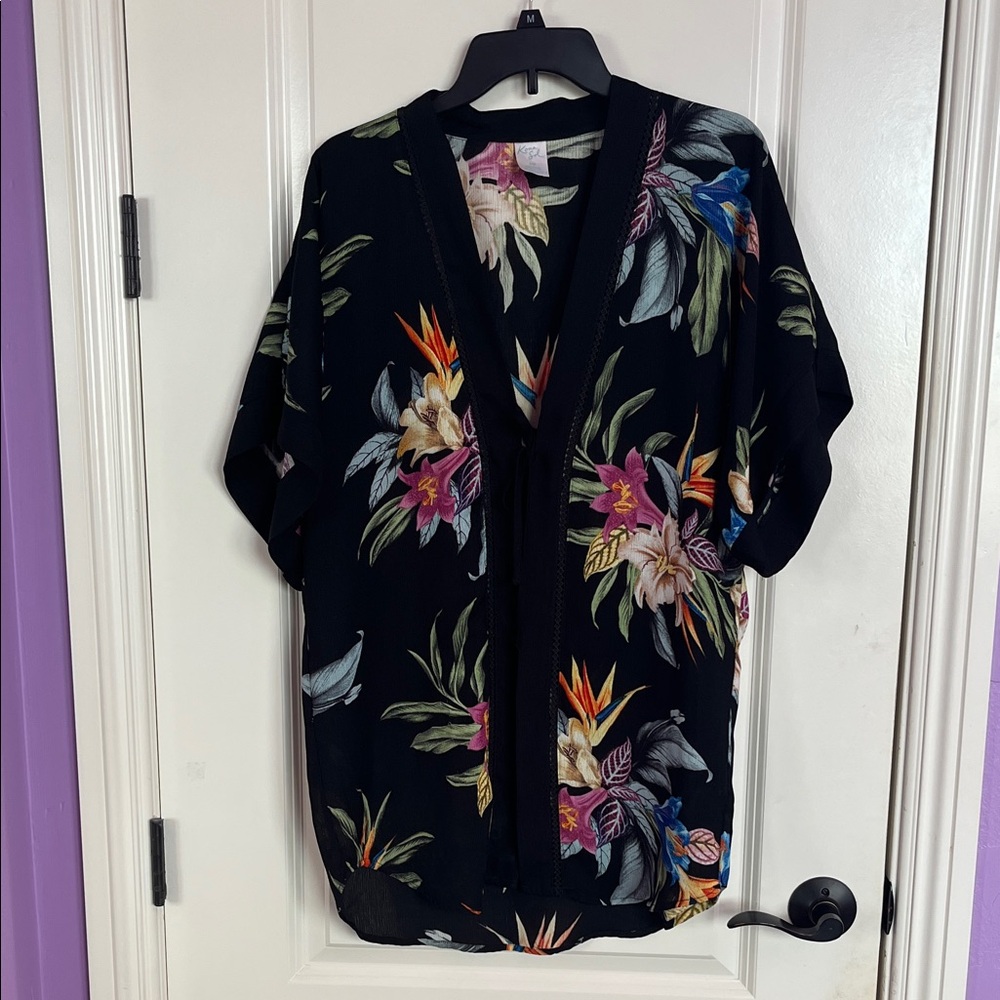 Kona Sol Tropical Floral Kimono Cover Up Black Lightweight Size S/M